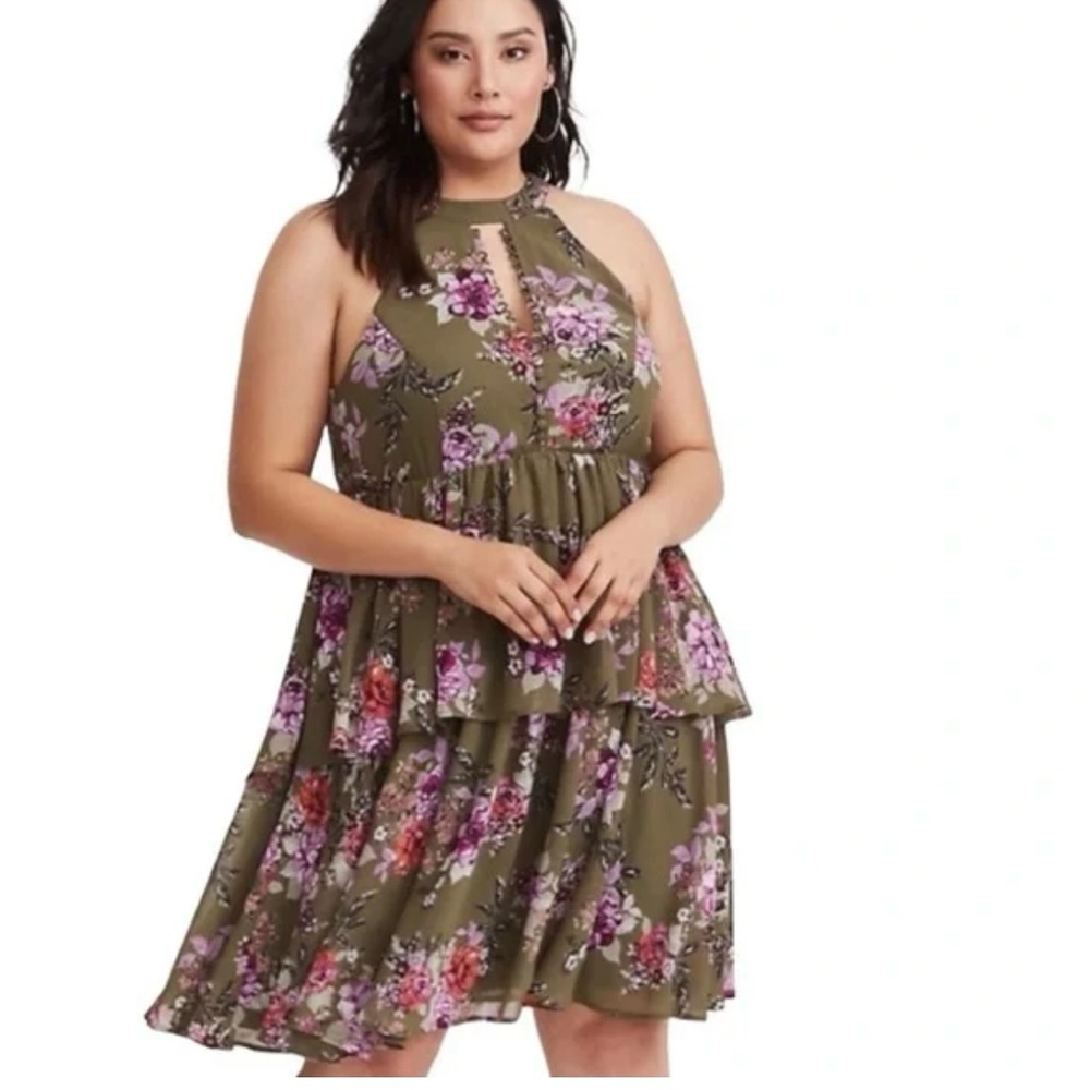 Torrid Olive Floral Chiffon Ruffle High Neck Dress